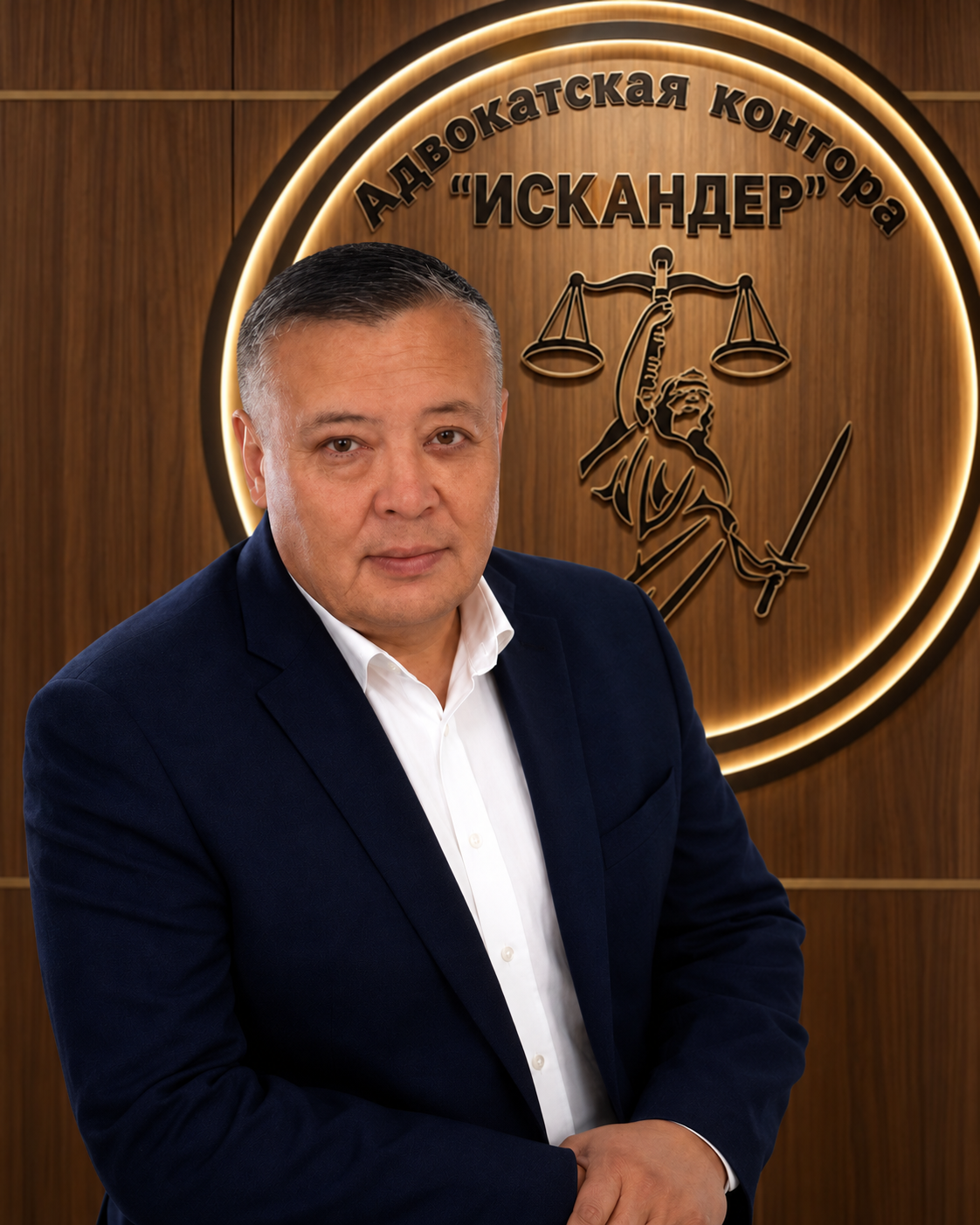 Юрист адвокатской конторы «Искандер» на фоне панно офиса